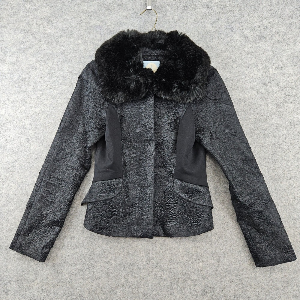 Tracy Reese Jacket Women's 6 Black Faux Fur Collar Textured Mixed Media Zip Up